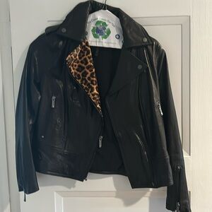 BCBG Black leather jacket with animal print on one side